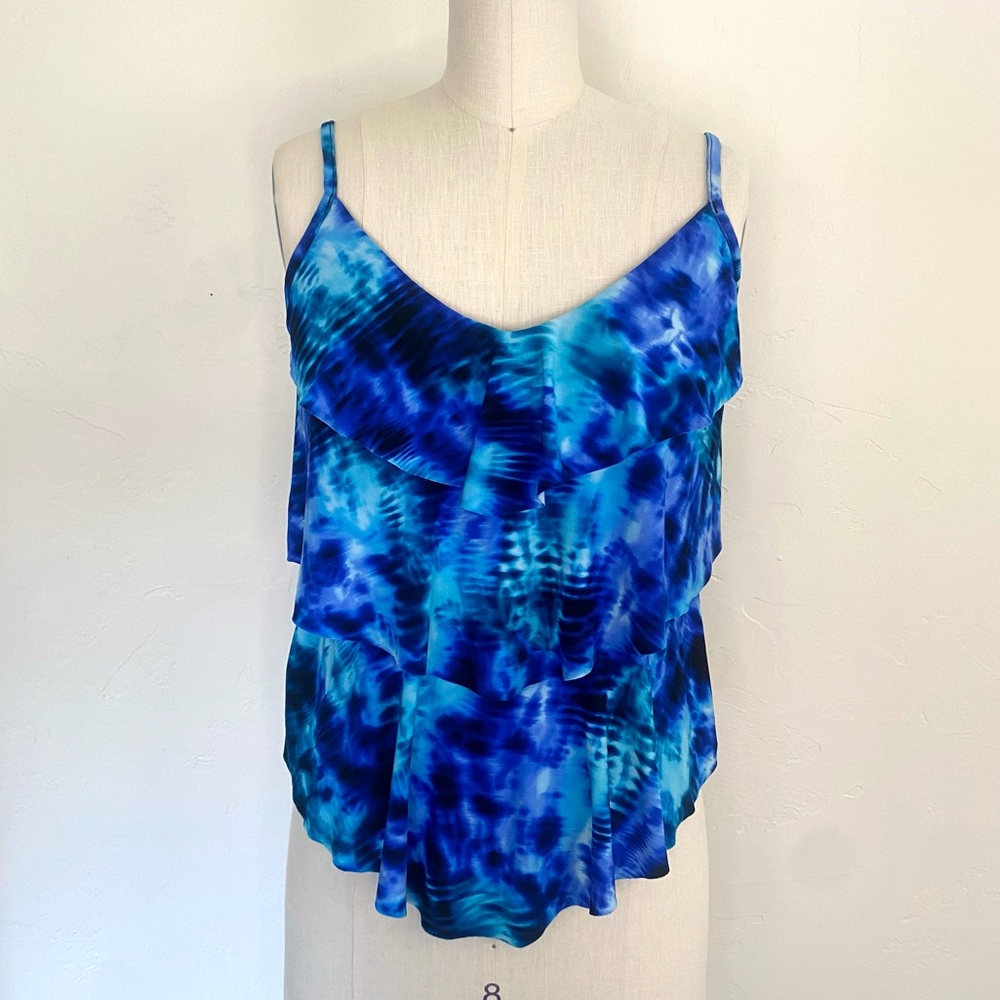 Aqua Green Small Blue Tankini Tie-Dye Ruffle Swim Top Layered Swimsuit Top Blue